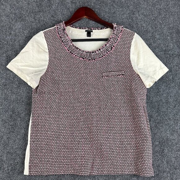 J Crew Tweed Front Tee Womens Small Cotton Silk Short Sleeve Ivory Pink Black - Picture 1 of 7